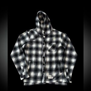 YoungLA Plaid Hooded Jacket Gray Black Wool Blend Button Up Men’s Large EUC